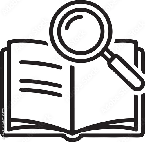 Icon of a magnifying glass over an open book or document with magnifying document research education knowledge analysis information investigation learning literature scanning scrutinize