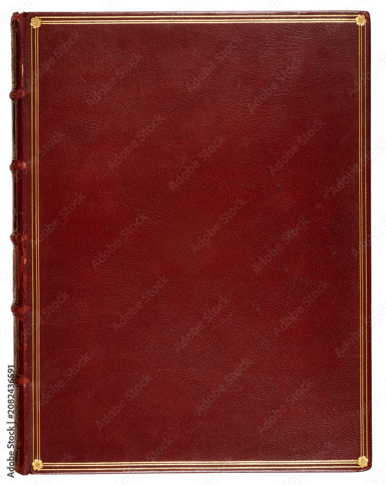 Fototapeta premium Vintage red leather book cover overlay isolate on transparent background (png). Antique burgundy spine and gold foil embossed frame template with blank copy space for luxury mockup design.