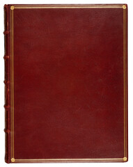 Vintage red leather book cover overlay isolate on transparent background (png). Antique burgundy spine and gold foil embossed frame template with blank copy space for luxury mockup design.