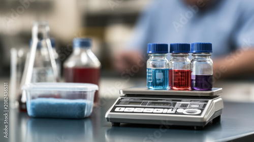 Colorful laboratory sample vials on precision digital scale with chemical materials illustrating scientific research analytical testing and pharmaceutical development