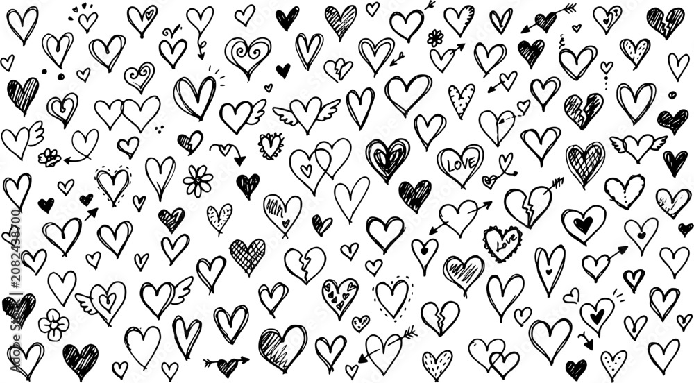 Fototapeta premium Black line doodle sketch hearts collection, hand drawn love heart symbols isolated on white background, romantic decorative illustration set