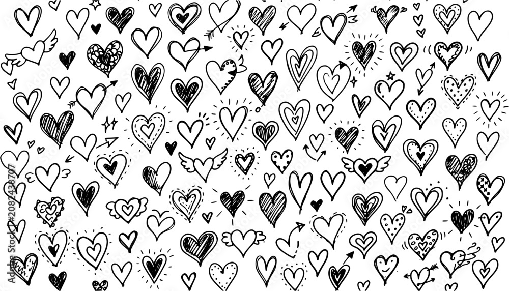 Fototapeta premium Black line doodle sketch hearts collection, hand drawn love heart symbols isolated on white background, romantic decorative illustration set
