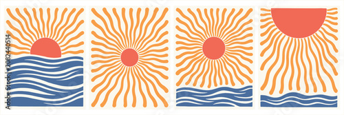 Quadro su tela Abstract sun with radiating rays over wavy ocean water set in a mid century mode