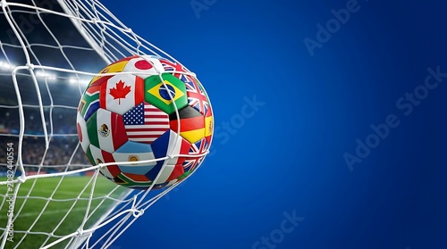 Soccer ball with world flags hitting the goal net