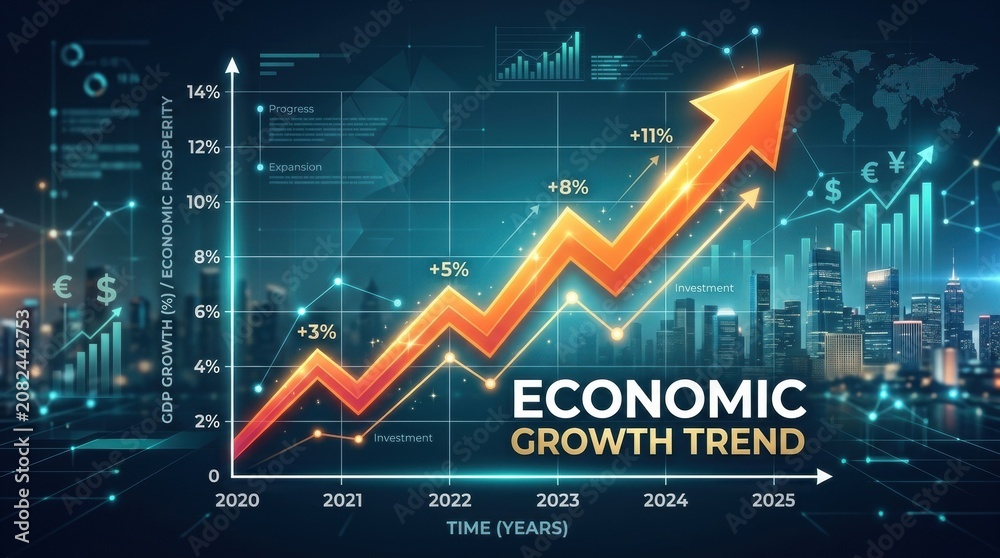 Naklejka premium Upward economic growth trend chart with rising arrow and data points for business presentation background and financial report infographic design