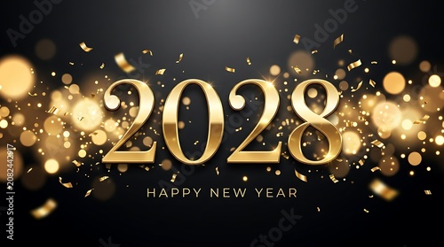 2028 happy new year gold text with glowing light and confetti