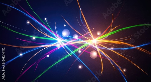 Vibrant neon light trails and glowing particles on dark background