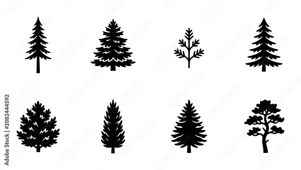 Fototapeta premium Set of 8 Black Pine Tree Silhouettes, Evergreen Forest Icons, Nature Vector Graphics, Woodland Elements