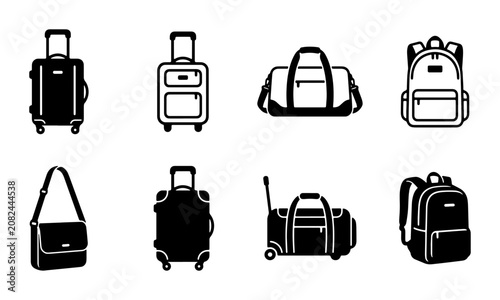 Bild auf Leinwand Travel Luggage Icons: Suitcases, Duffel Bags, Backpacks, and Messenger Bags for
