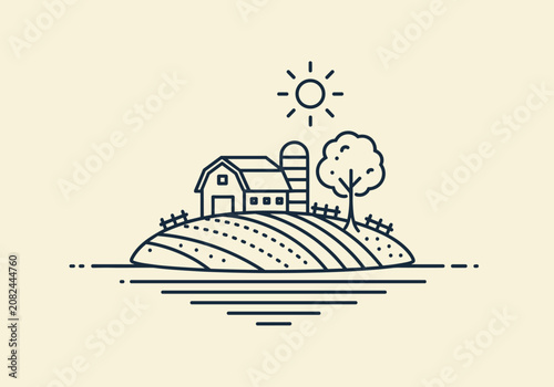 Foto Farmhouse Landscape Illustration, Rural Setting, Nature Scene, Minimal Design, T