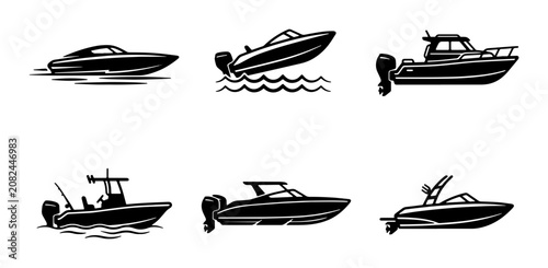 Photography Set of 6 Motorboat Icons, Speedboat & Yacht Vector Graphics, Marine Transport Co