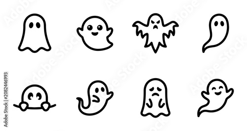 Foto Cute Ghost Icons Vector Set: Spooky Halloween Characters, Friendly Spirits, and