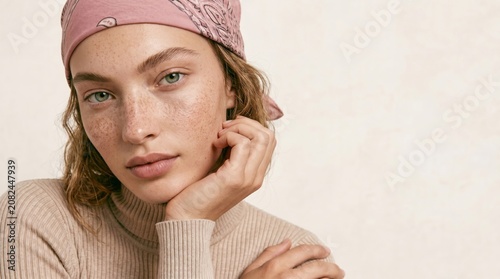 Thoughtful young woman with green eyes and freckles wearing pink bandana headscarf and beige turtleneck sweater close up portrait looking at camera