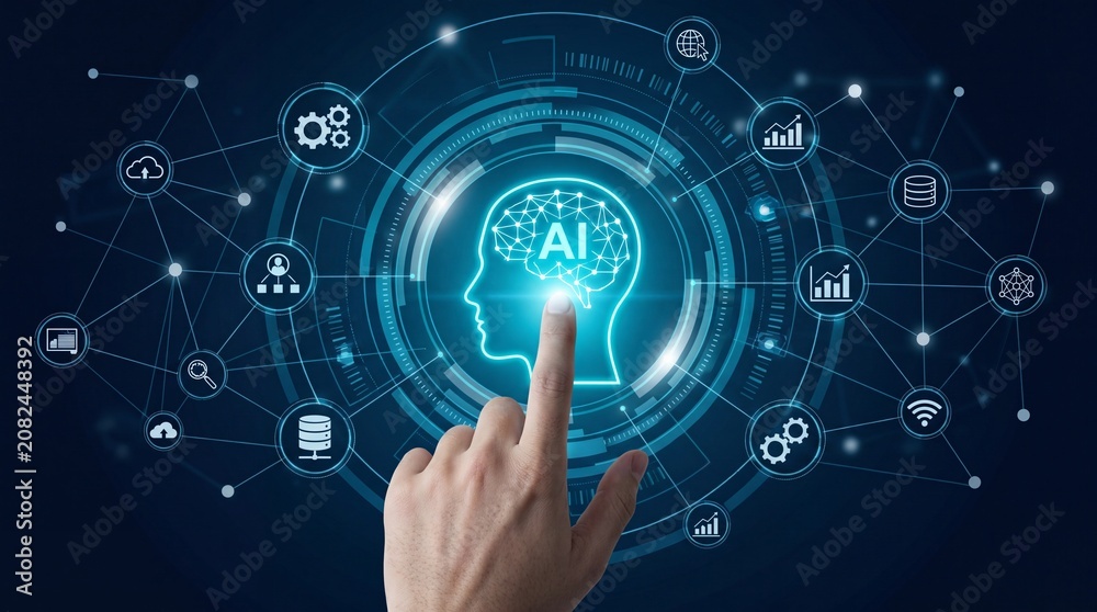 Obraz premium A human finger touches a glowing AI brain digital interface, surrounded by connected network icons, representing modern artificial intelligence and data technology.