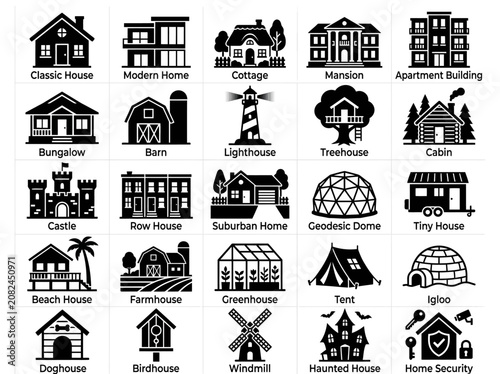 Collection of House and Building Icons: Classic, Modern, Farmhouse, Castle, Igloo, Security