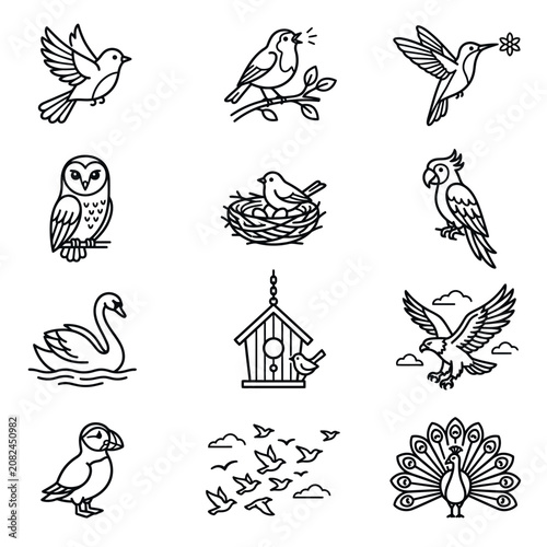 Collection of Bird Icons, Vector Line Art Illustrations
