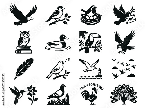 Collection of Bird Silhouettes: Eagle, Owl, Duck, Toucan, Peacock, Rooster, Hummingbird