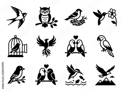 Collection of Bird Silhouettes: Swallows, Owls, Hummingbirds, Parrots, Phoenix