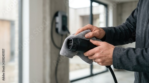 Person cleans electric hair dryer with soft cloth