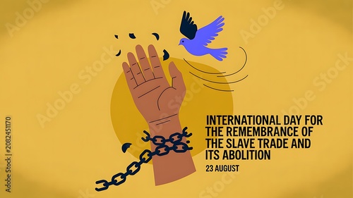 Broken chains on hand with flying bird for slavery abolition