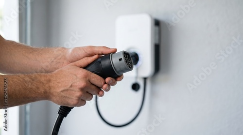 Hand connects electric vehicle charger to wall outlet