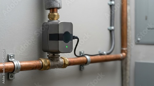 Close-up of smart water valve on copper pipes