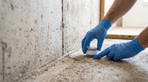 Hands in blue gloves adjust a white cap near concrete wall