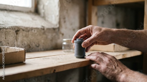 Hands adjust small cylindrical object on wooden surface