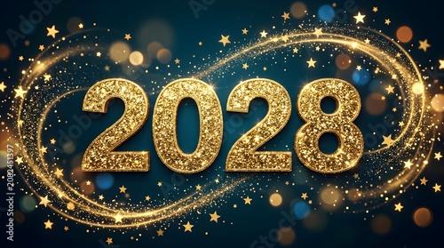 Sparkling golden numbers 2028 with swirling light trails and bokeh effects on a dark blue background, celebrating the new year.