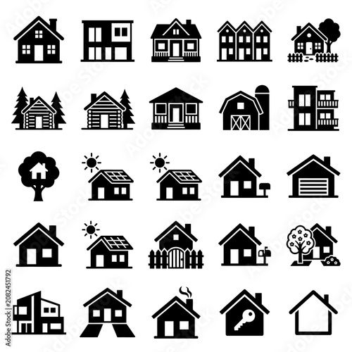 Collection of House Icons, Residential Buildings, Real Estate Symbols, Vector Set