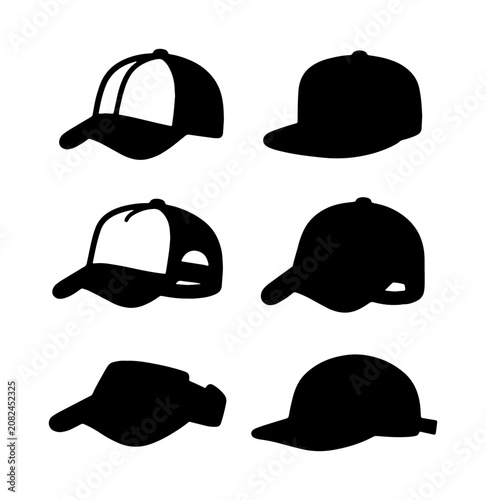 Quadro su tela Six Baseball Caps and Visor Silhouettes, Vector Icons for Sportswear and Fashion