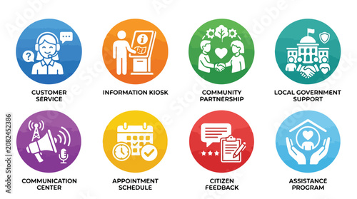 Set of eight colorful flat circular icons representing public services and community assistance.