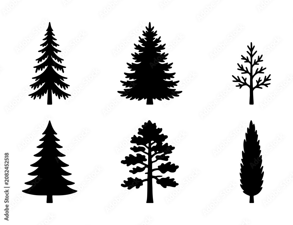 Fototapeta premium Diverse Evergreen Tree Silhouettes Collection, Pine Conifer Cedar Icons, Forest Nature Elements