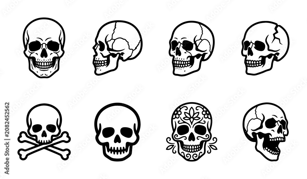 Fototapeta premium Vector Skull Icons Set: Human Cranium, Crossbones, Day of the Dead Art, Graphic Elements