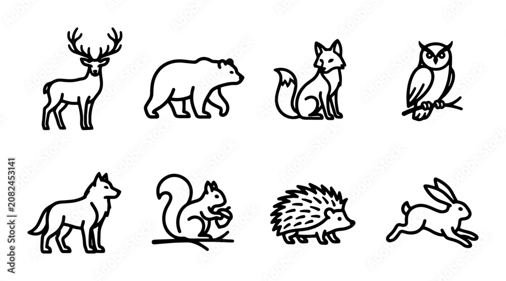 Fototapeta premium Forest Animal Icons Set: Deer, Bear, Fox, Owl, Wolf, Squirrel, Hedgehog, Rabbit Vector Graphics