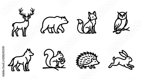 Photography Forest Animal Icons Set: Deer, Bear, Fox, Owl, Wolf, Squirrel, Hedgehog, Rabbit