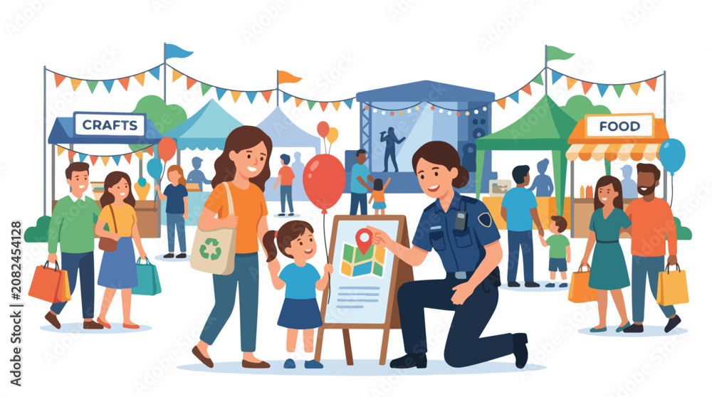 Fototapeta premium A friendly female police officer interacting with a little girl at a community festival.