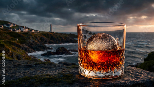Scotch Whisky with Ice Ball Close-up and Blurred Islay Coast Background