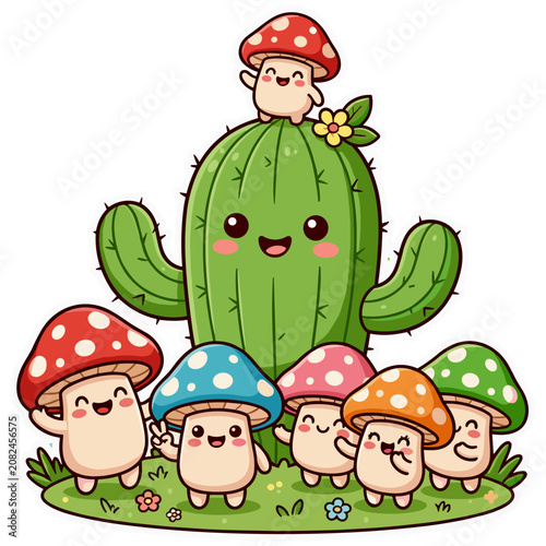 Cute Cartoon Mushrooms and Happy Cactus Characters Vector Illustration on a Transparent Background