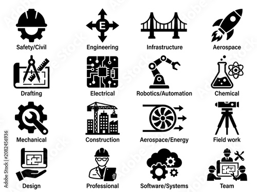 Engineering Icons Set: Safety, Design, Robotics, Aerospace, Electrical, Construction, Teamwork
