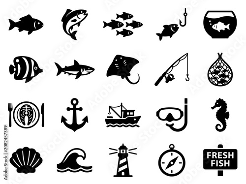 Photography Fish and Seafood Icons Set: Fishing, Ocean Life, Food, and Nautical Symbols