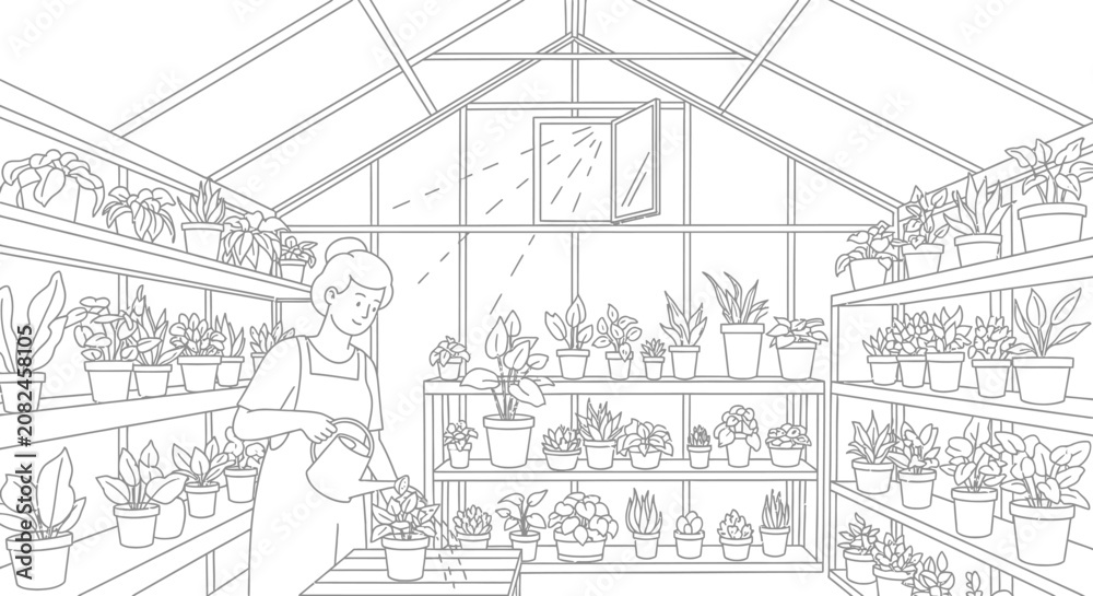 Fototapeta premium Person watering plants in a greenhouse full of various potted plants on shelves