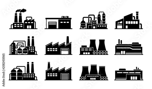 Quadro su tela Industrial Factory Icons Collection, Manufacturing Plant Building Silhouettes, P