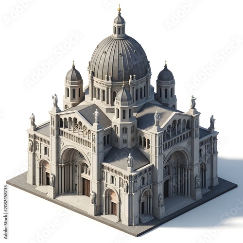 Grand Historic Cathedral with Central Dome, Towers and Ornate Stone Facade Isolated on White, Ideal for Architecture, Tourism, Heritage, Religion and Educational Designs