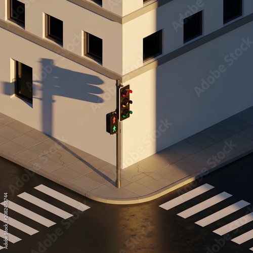 3D Modern City Corner with Traffic Lights, Crosswalk and Dramatic Building Shadows, Ideal for Urban Planning, Road Safety, Transportation, Architecture, Website and Presentation Designs