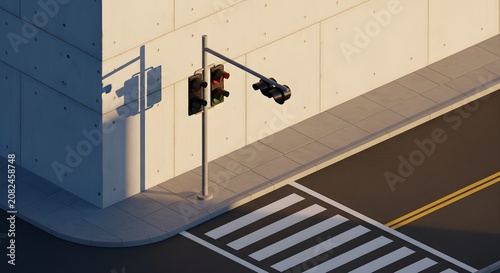 3D Urban Street Intersection with Traffic Lights, Crosswalk and Modern Architecture, Ideal for Road Safety, Smart City, Transportation, Urban Planning, Website Banner and Presentation Designs