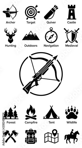 Medieval Hunting and Outdoor Adventure Icons Set