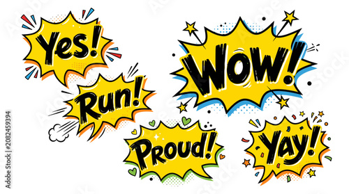Colorful comic bursts including Wow and Yay text labels.