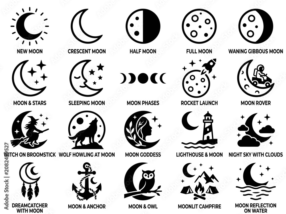 Fototapeta premium Moon Phases and Celestial Icons Vector Set