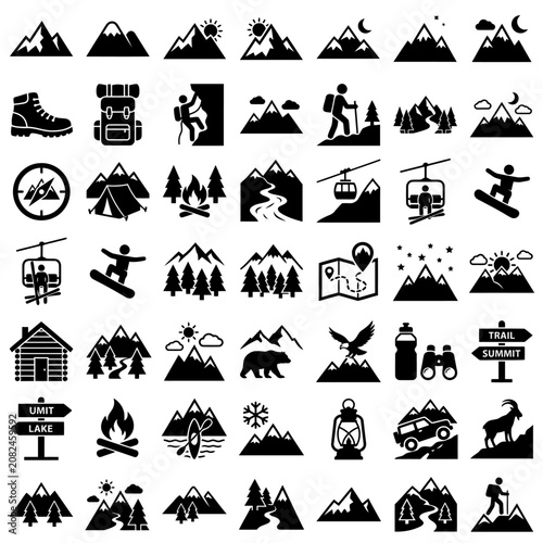 Mountain Adventure Icons: Hiking, Climbing, Camping, Skiing, Travel Vector Set